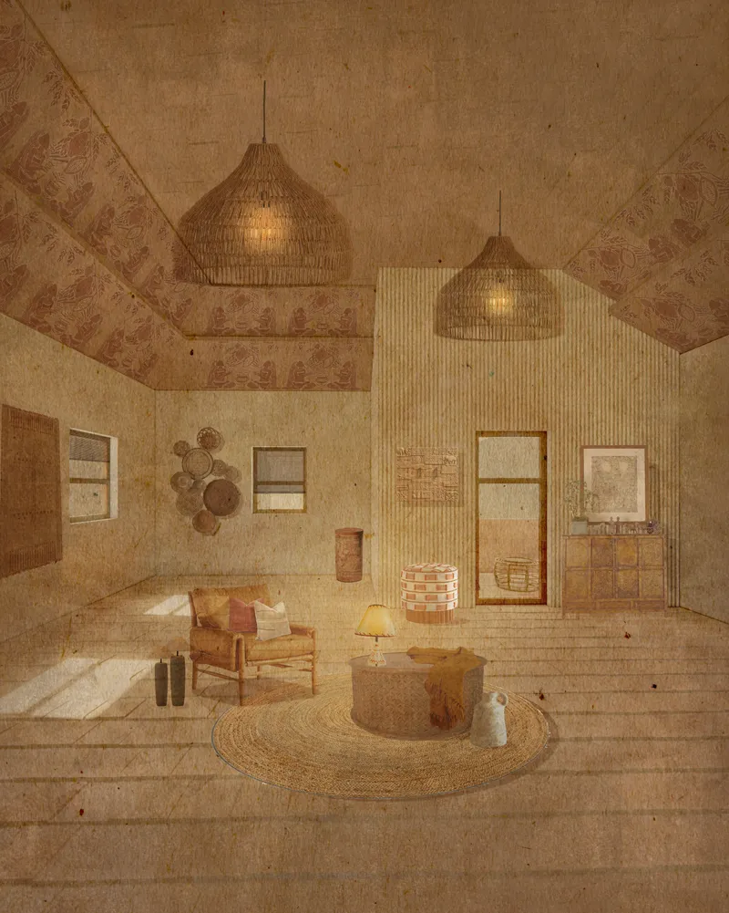 Interior view with woven pendant lights hanging above a seating area bathed in afternoon sunlight