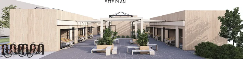 Rendered site plan showing the central courtyard with timber-clad pavilions and bike parking at the perimeter