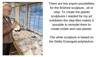 The image shows an artist working on plaster sculptures in a studio setting. The sculptures are base