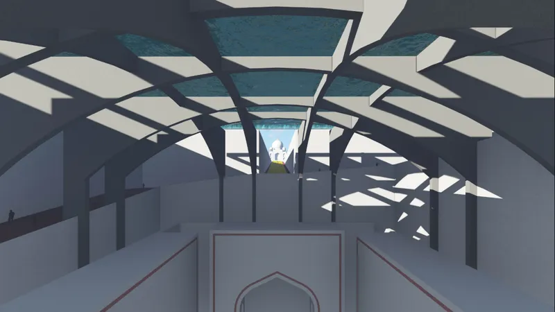 Interior view through a vaulted chamber with perforated ceiling panels casting patterned shadows across white walls