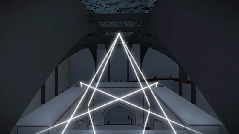 Triangular light installation suspended within a domed interior space at night
