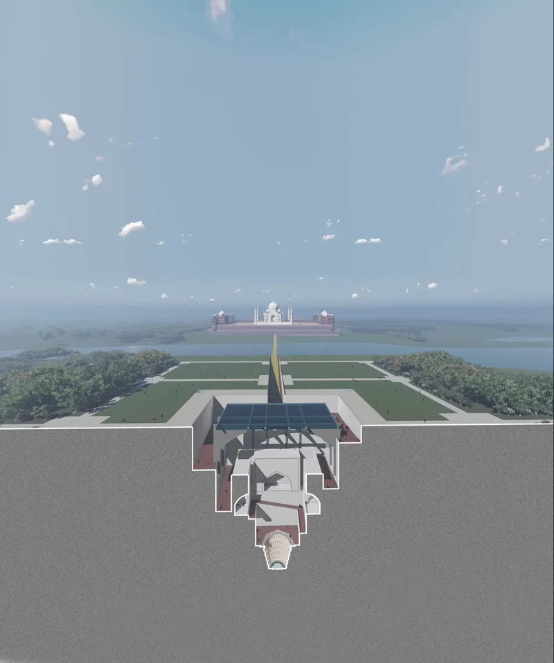 Section drawing revealing subterranean vaulted chambers beneath formal gardens and a distant water body