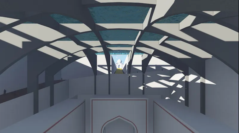 Corridor beneath a geometric perforated ceiling with sunlight filtering through leaf-shaped openings
