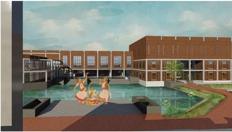 View across reflecting pool toward brick volumes with vertical fenestration and dancers performing on the water deck