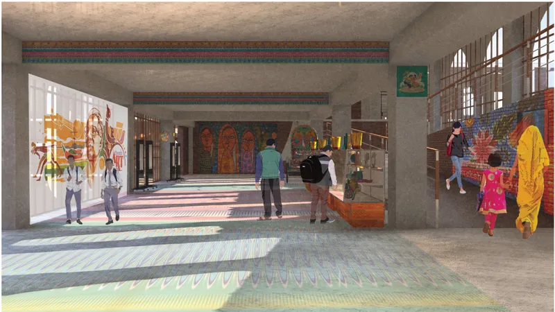 Interior gallery space with patterned floor tiles, brick screen wall, and visitors browsing displays along the corridor