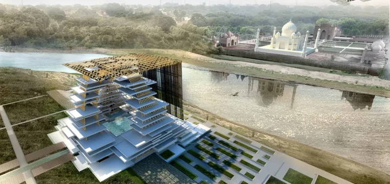 Aerial view of the layered horizontal platforms with lattice canopy beside a reflecting pool and distant monument