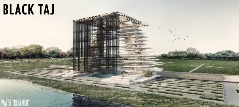 Ground level perspective showing the dark vertical screen beside the cantilevered terraces across the green landscape