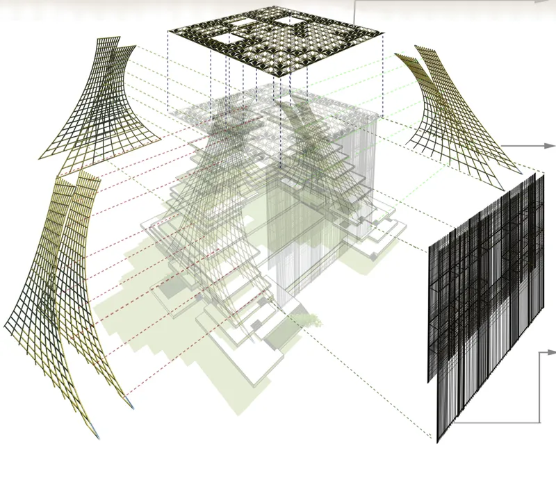 Axonometric diagram showing the structural grids, planted roof and louvered tower components in exploded arrangement