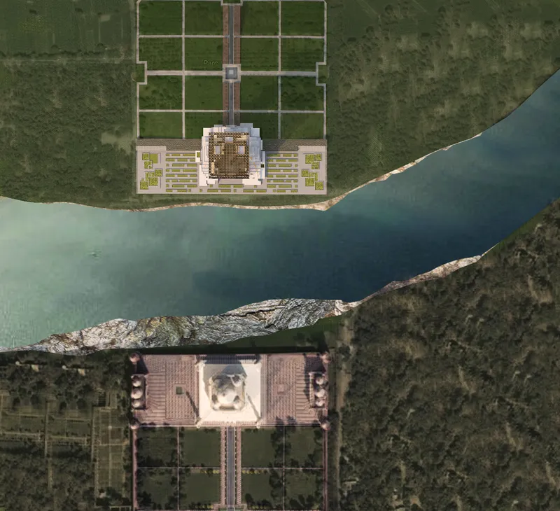 Plan view rendering of two complexes separated by a river with terraced gardens and water channels