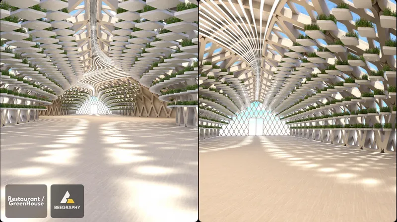 Interior rendering of ribbed vaulted ceiling with integrated planters and diagonal shadow patterns on floor