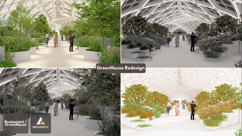 Four views of greenhouse interior with planted beds and visitors beneath latticed ceiling structure
