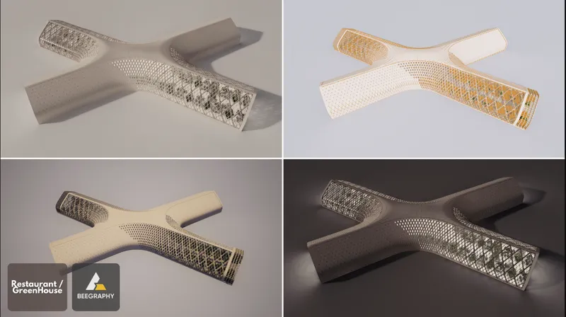 Four renderings of cross-shaped volume with perforated mesh enclosure and solid curved wings