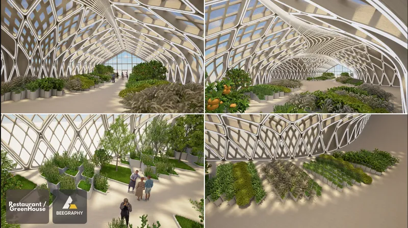 Four views of interior garden spaces with planted beds beneath diagonal lattice glazing structure
