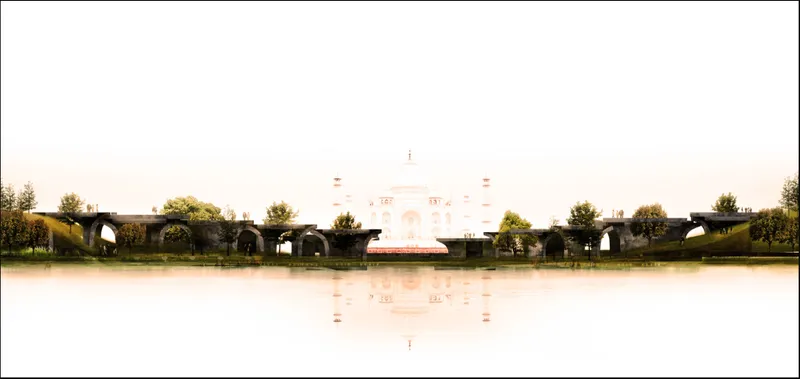 Long view of a multi-arched bridge reflected in still water with a domed structure visible beyond