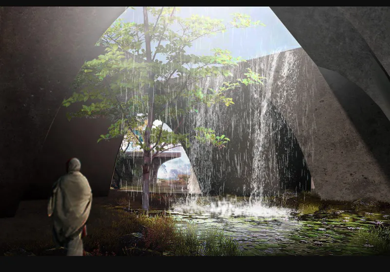 Interior courtyard with cascading water feature and planted tree framed by angular concrete walls and skylights