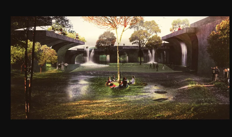 Elevated plaza with waterfalls flowing from cantilevered concrete platforms while visitors gather on the lawn below