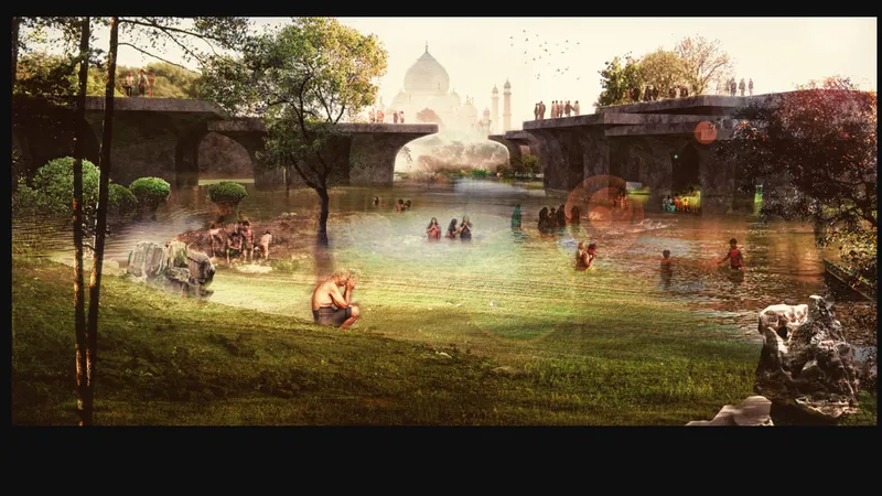 Riverside park beneath elevated concrete platforms with bathers and a domed monument visible through morning mist