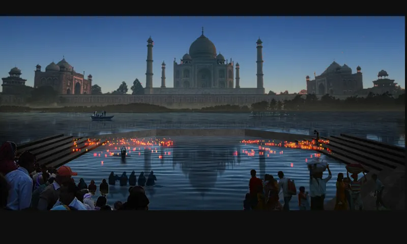 River ghat steps with floating candles at dusk and a domed monument across the water