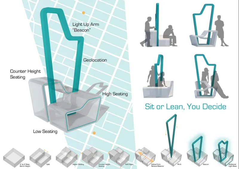 Diagram of modular street furniture with seating options and vertical beacon element over a city map