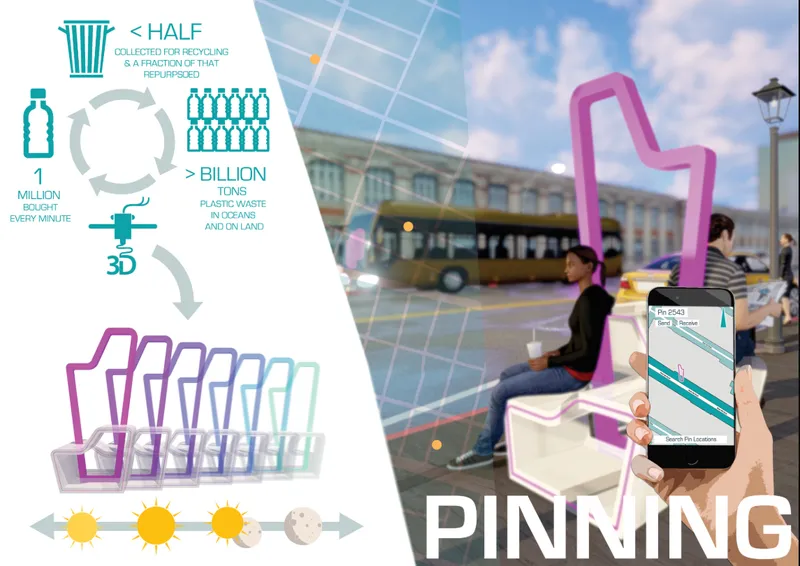 Composite showing recycling infographic and person seated at illuminated street furniture installation at dusk