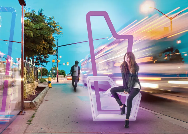 Long exposure of illuminated street seating with motion-blurred bus passing and pedestrians at twilight