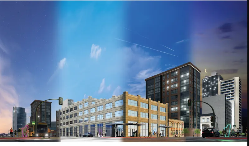 Rendering of multi-story glass and masonry building on an urban corner at dusk
