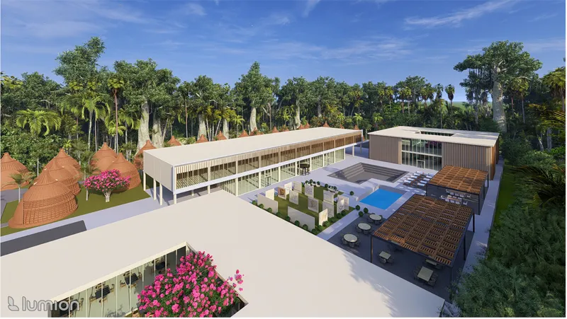 Aerial rendering showing woven dome pavilions scattered across a plaza edged by palm trees and tropical forest