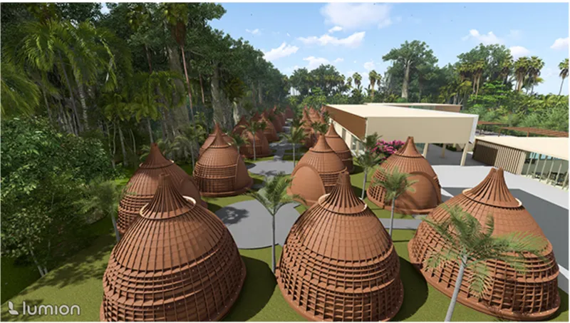 View of terracotta-colored lattice dome structures grouped near a long horizontal pavilion under midday sun