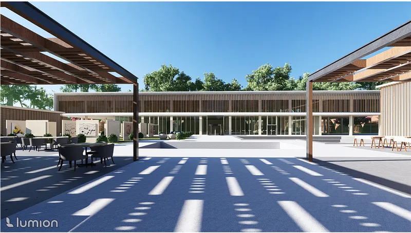 Covered terrace with slatted shade pergolas casting striped shadows across the concrete ground before a glazed facade