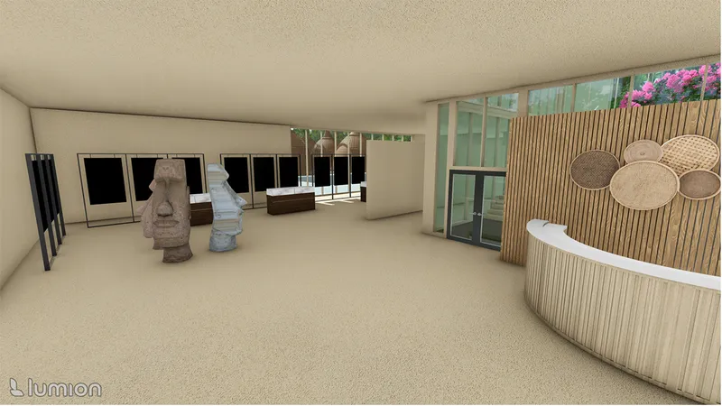 Interior gallery space with stone sculptures on plinths and a vertical slat wall featuring woven basket displays