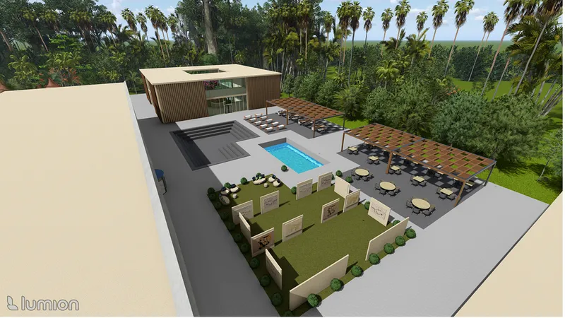 Aerial view of courtyard with swimming pool, timber pergola and hedge-lined garden beds edged by palm trees