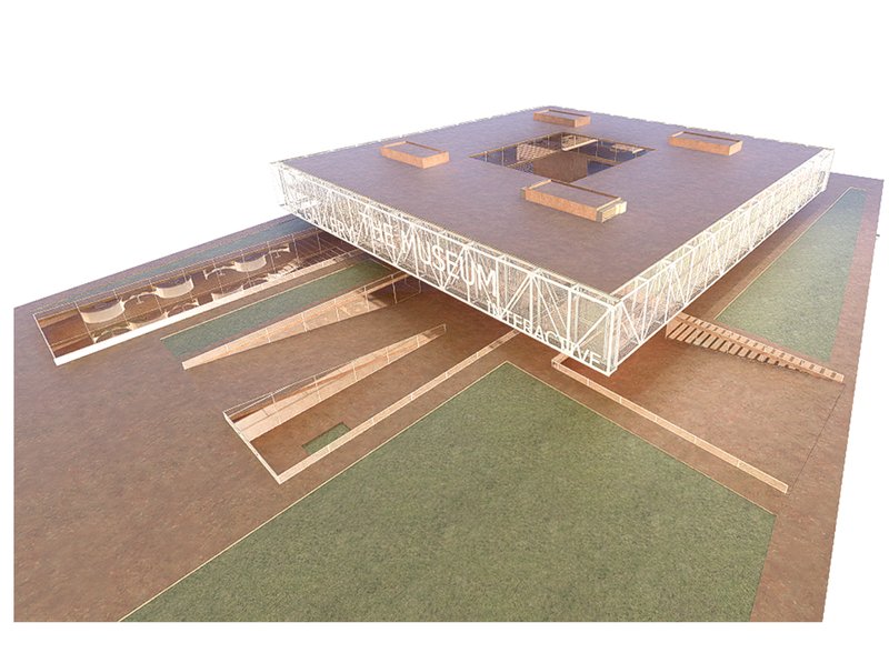 Axonometric drawing showing the elevated volume with perforated facade and courtyard spaces below