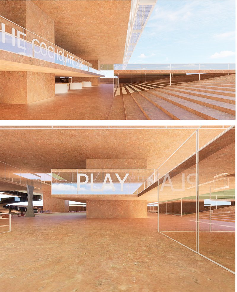 Two rendered views of the central atrium showing tiered seating and layered interior spaces