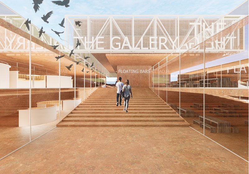 Wide interior ramp with white tubular railings and two figures walking toward the timber ceiling