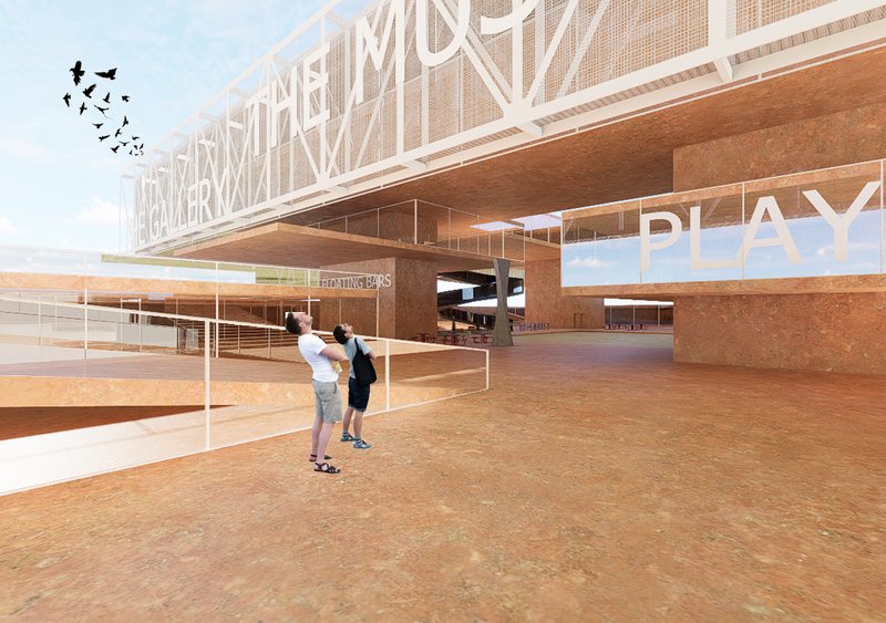 Exterior courtyard with two figures on the compacted earth surface beneath the cantilevered upper level