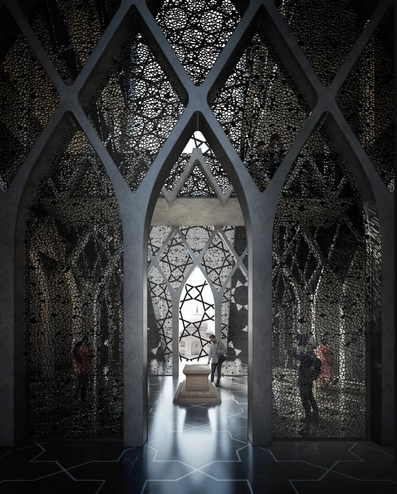 Interior view through pointed arches with perforated screens leading to a central prayer space with geometric ceiling
