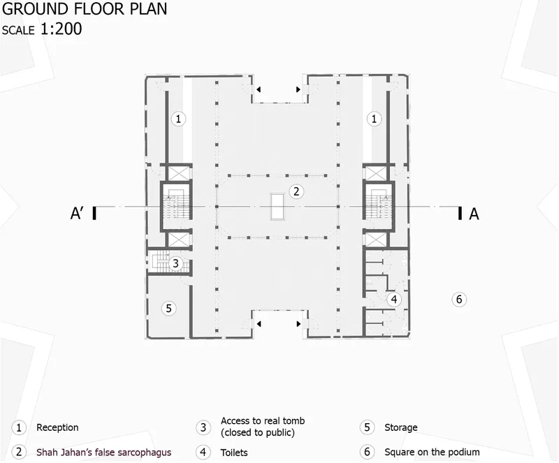 Ground floor plan drawing showing symmetrical layout with central court and corner circulation cores