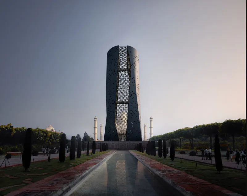 Axial view of perforated black tower rising above formal garden path at dusk