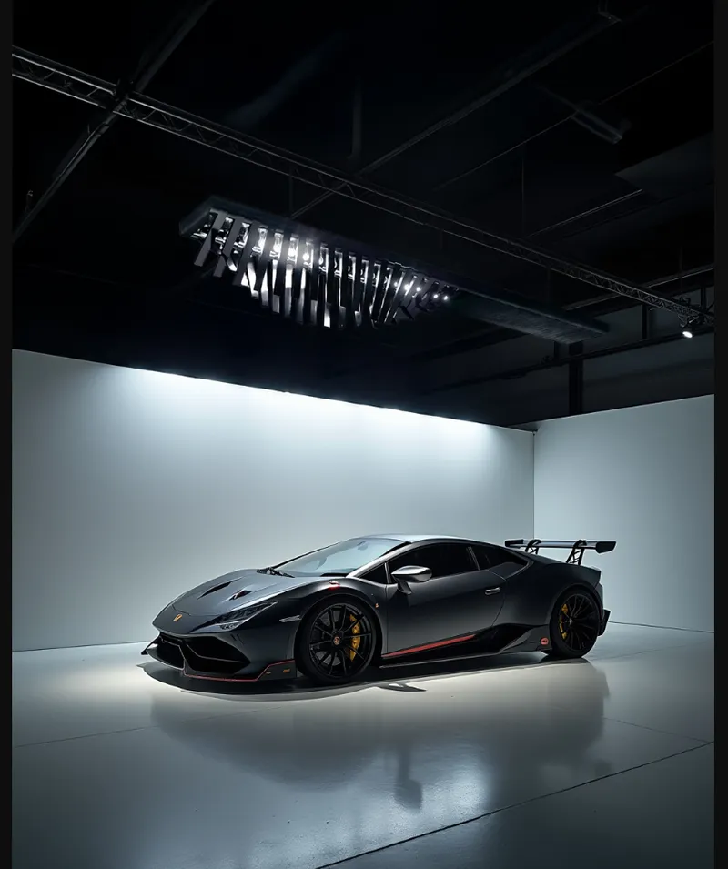 Sports car on the polished floor beneath the conical lattice light installation and exposed ceiling structure