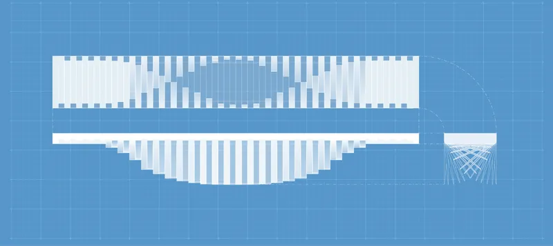 Elevation drawing showing ribbed facade panels and a conical lattice element on a gridded blue background