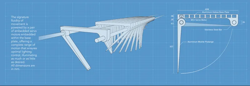 Axonometric drawing with annotations depicting a kinetic wing-like structure with embedded servo motors and aluminum components