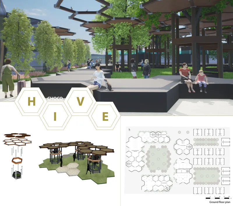 Composite board showing rendering, axonometric views, and ground floor plan of a timber pergola structure with hexagonal modules