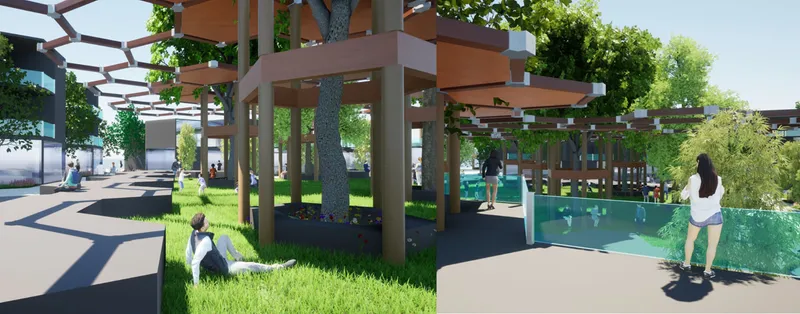 View along the timber pergola canopy showing steel columns wrapping existing trees and translucent green screening