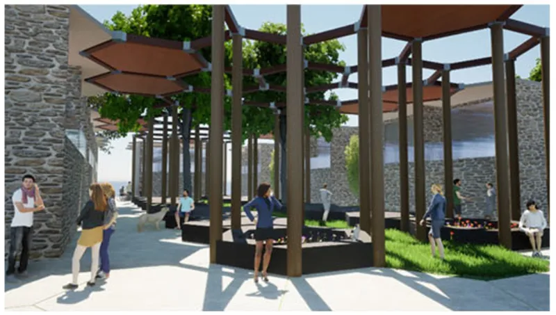 Hexagonal timber canopy modules supported by steel columns casting dappled shadows on the paved plaza below