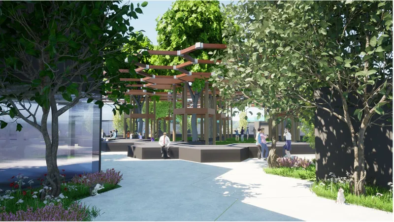 Timber pergola with steel columns sheltering concrete seating platforms among mature trees and planted beds