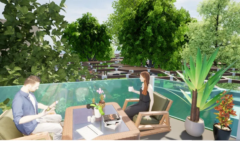 Outdoor terrace with seating area enclosed by translucent green glass panels and potted plants