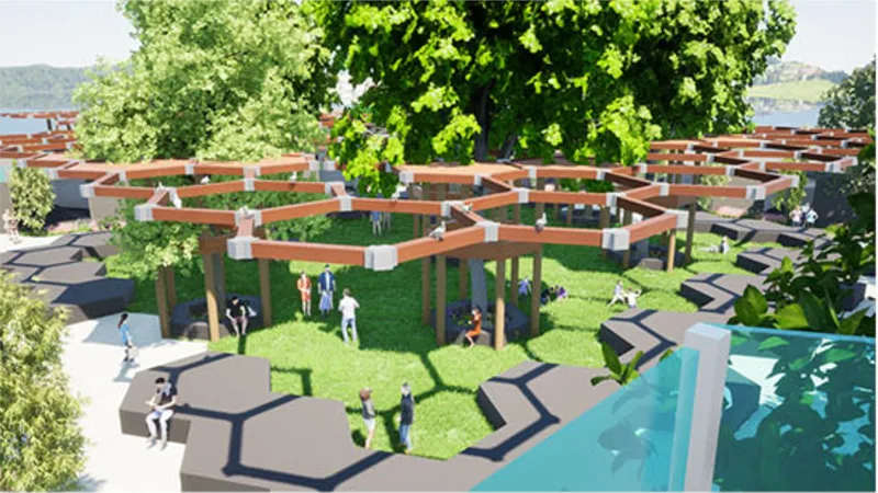 Elevated view of the hexagonal timber pergola grid extending over landscaped lawn with people gathering beneath