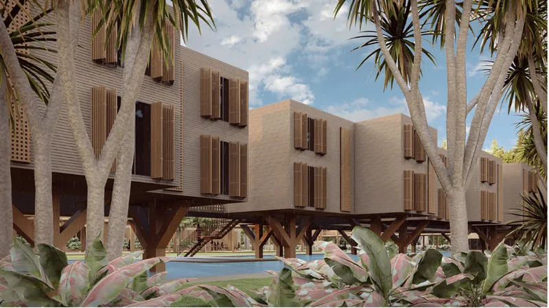 Piloti structure framing a reflecting pool amid palms and tropical planting
