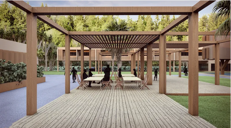 Timber pergola with slatted canopy sheltering a dining table on wooden decking