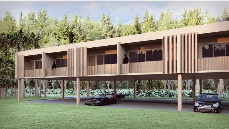 Elevated volume on pilotis with vertical timber screens and carport below